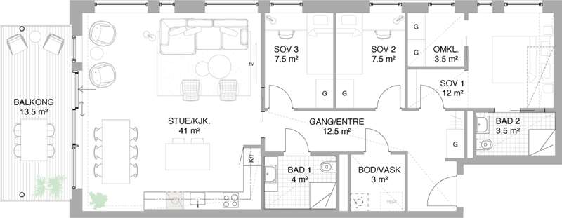 Standard planløsning 4-roms leilighet